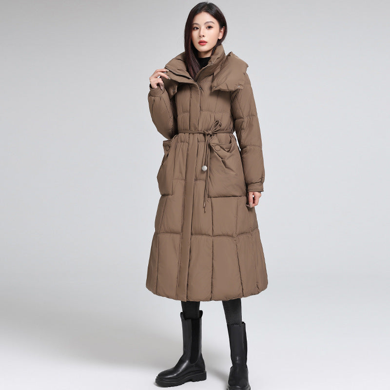 Knee-length Warm Cotton Coat Loose Thicken Waist-cinching Padded Jacket Brown