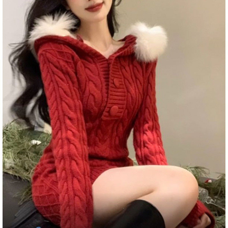 Fur-collar Bodycon Dress New Slim And Slimming Red Free Size