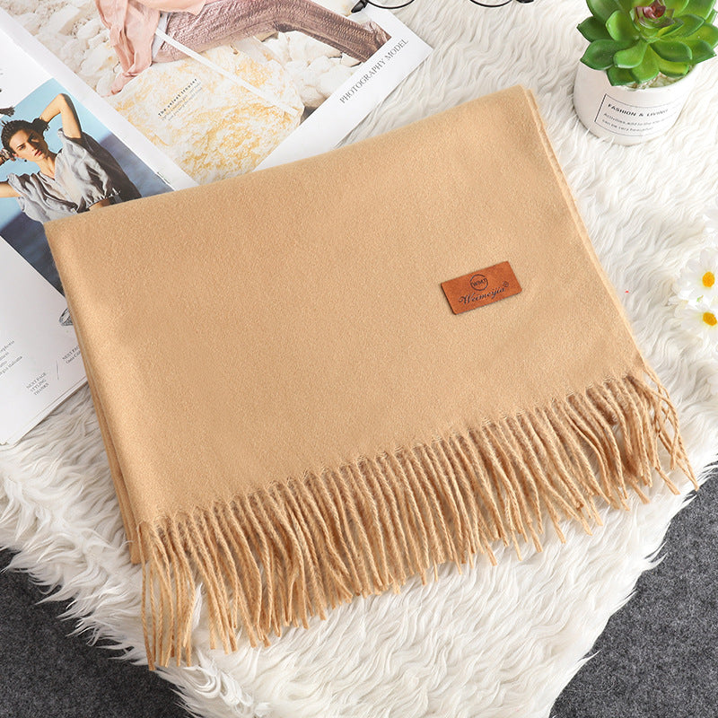Solid Color Cashmere-like Bristle Scarf Ladies Tassel Warm Gift Camel 200x70cm
