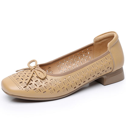 Summer Genuine Leather Breathable Low-cut Women's Shoes Apricot