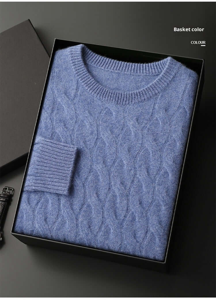 Thickened Men's Cashmere Sweater With Round Neck And Twisted Design Flower Blue