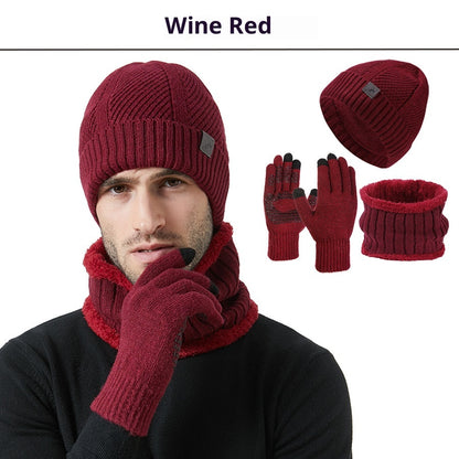 Winter New Thickened Men's Hat Scarf Gloves Three-piece Set Wine Red