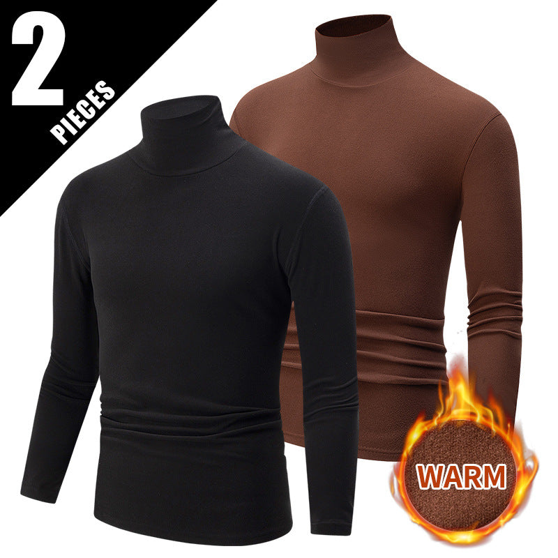 Autumn And Winter Men's Solid Color Versatile High-neck Base Layer Casual Fleece Top Black Coffee