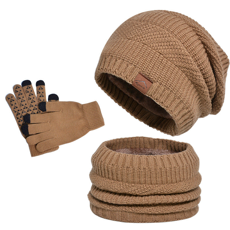 Winter Fleece-lined Warm Hat Scarf Gloves Three-piece Set Khaki