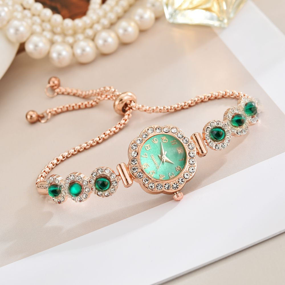 Free Pull-out Bracelet Women's Watch Fashion Color Diamond Rose Gold Green