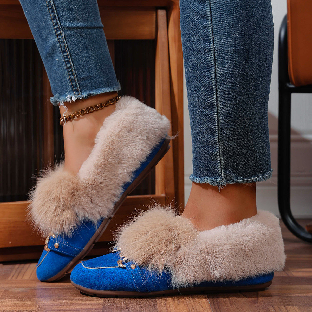 Cotton-padded With Velvet Lightweight And Comfortable Skin-friendly Plush Comfortable Versatile Women's Shoes Blue