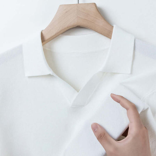 Autumn And Spring Seagull Collar 6 Wool Men's Anti-Pilling Knitted Long Sleeve Polo Shirt Pearl White