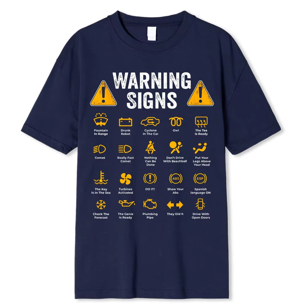 Funny Driving Warning Signs 101 Auto Mechanic Gift Driver T-Shirt Oversized Casual T Shirt Cotton Mens Tops Tees Cotton Clothing Dark Blue