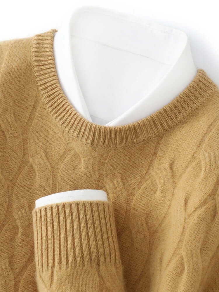 Thickened Men's Cashmere Sweater With Round Neck And Twisted Design Yellow Camel