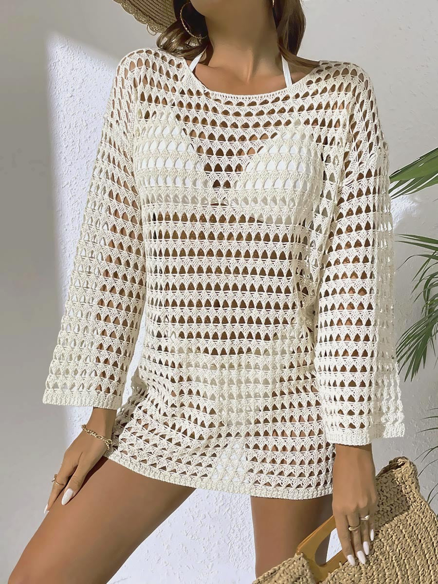 Sexy Knit Hollow Round Neck Beach Dress Women Apricot
