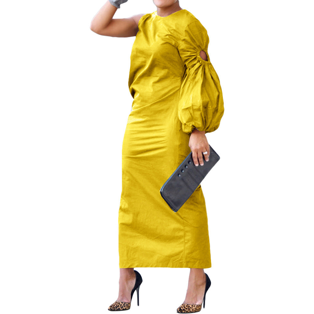 New Solid Color Single-sleeve Slit Side Dress Yellow