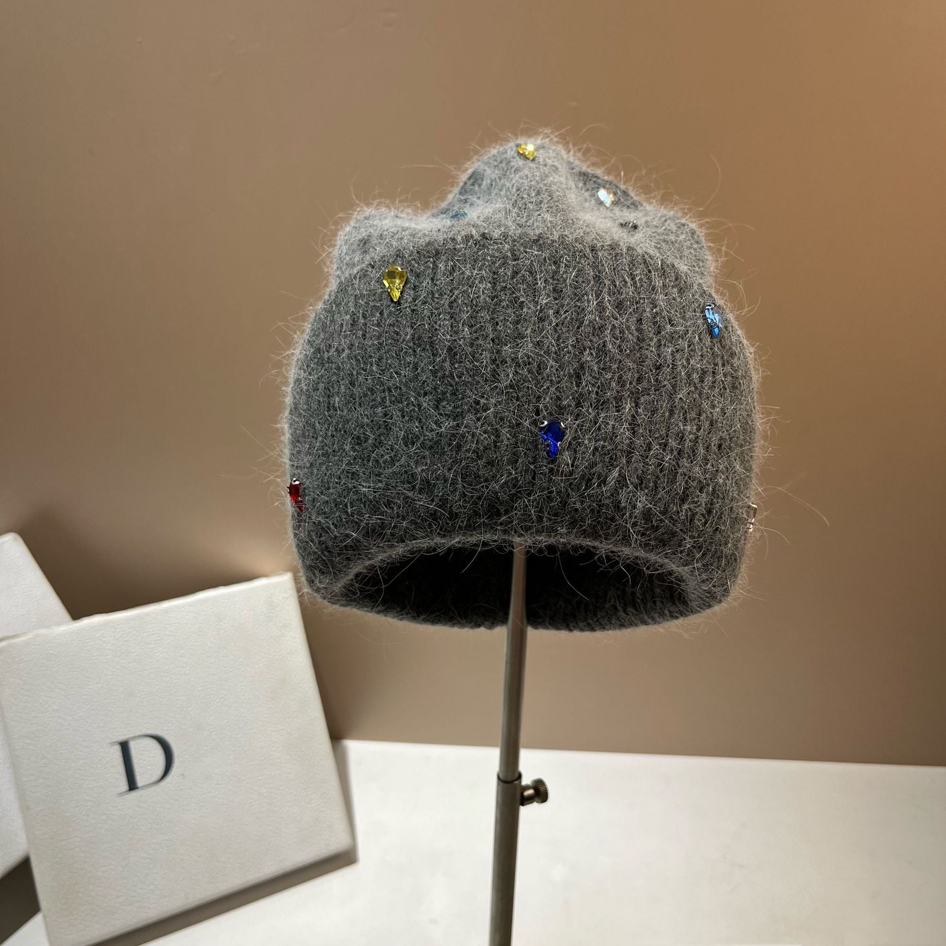 Color Diamond Light Luxury Winter Rabbit Hair Knitted Hat Personality Colorful Dark Gray Free Size