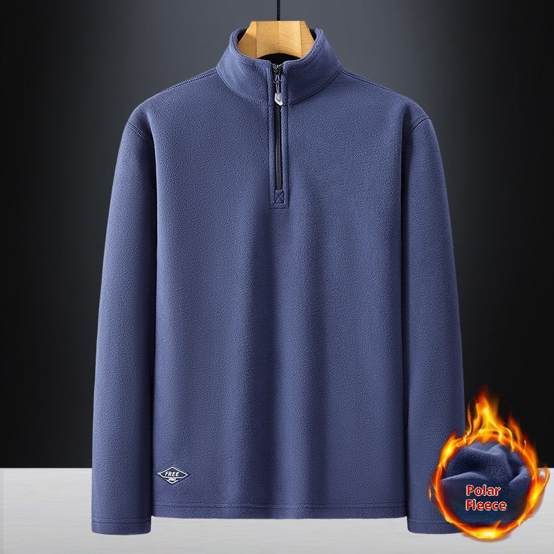 Men's Fleece Hooded Sweatshirt Stand Collar Solid Color Warm Jacket Dark Blue