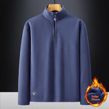 Men's Fleece Hooded Sweatshirt Stand Collar Solid Color Warm Jacket Dark Blue