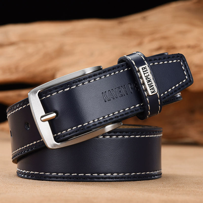 Men's Simple And Versatile Leather Cowhide Belt Dark Blue