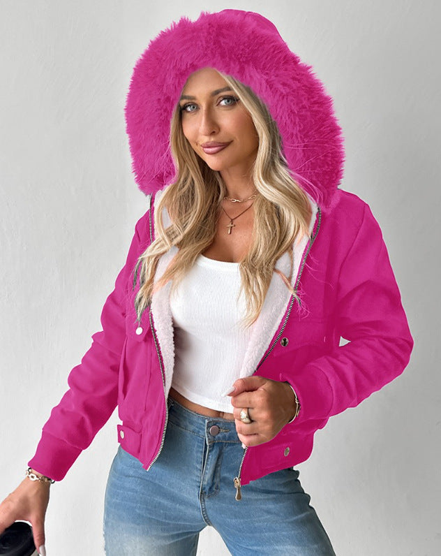 Casual Fashion Hooded Jacket With Furry Lining Rose Red