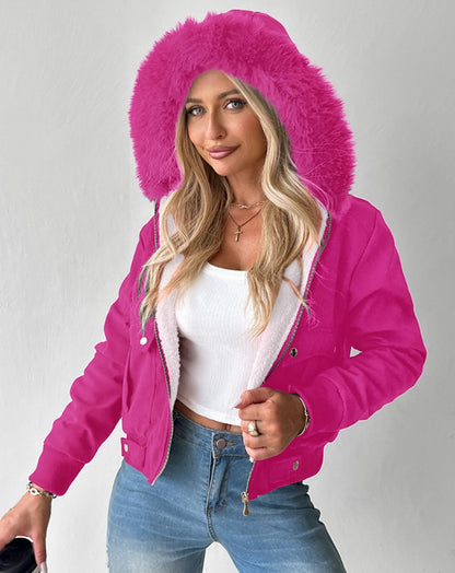 Casual Fashion Hooded Jacket With Furry Lining Rose Red