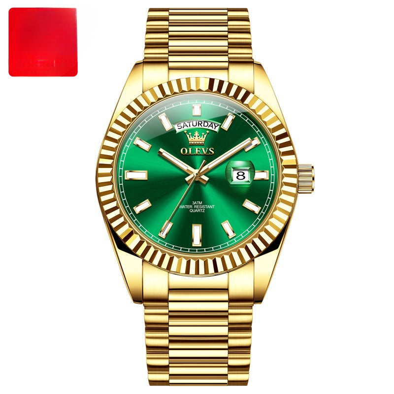 Luminous Waterproof Business Steel Belt Wrist Watch Green Male
