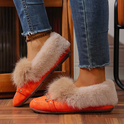 Cotton-padded With Velvet Lightweight And Comfortable Skin-friendly Plush Comfortable Versatile Women's Shoes Orange Red