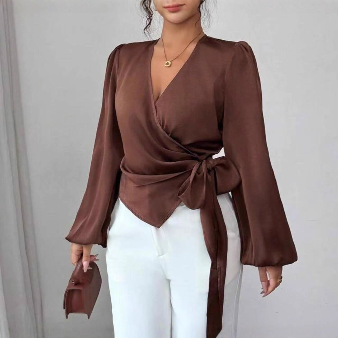 Light Mature Style New Long-sleeved Waist-cinching Belly-covering Shirt Brown