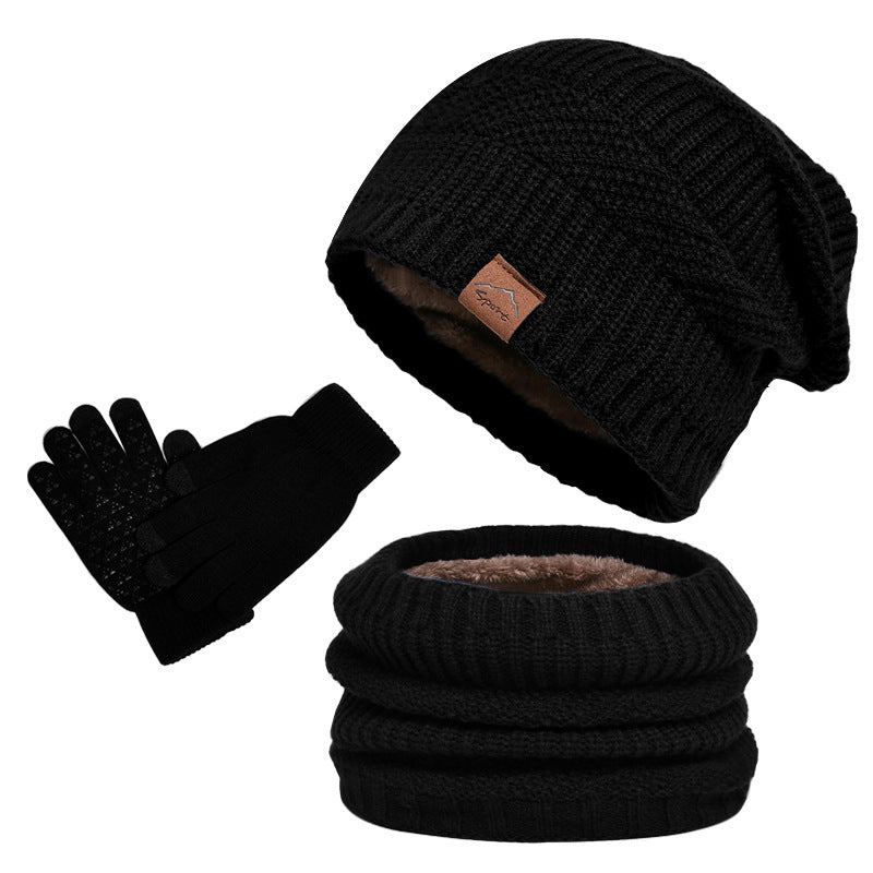Winter Fleece-lined Warm Hat Scarf Gloves Three-piece Set Black