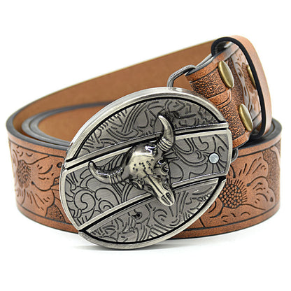Personality Student Trendy Printing Engraving Smooth Buckle Knife Embossing Belt Bull Head Brown