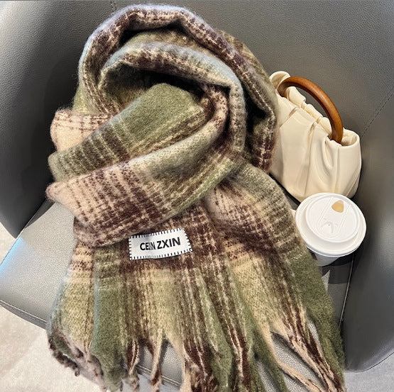 Scarf Winter Thicken Thermal Solid Color Mohair Shawl Small Gradient Grid Grass green