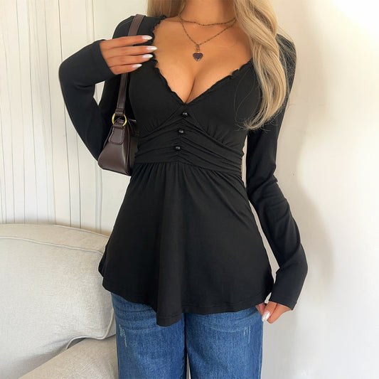 European And American Leisure Vacation Style Deep V Long Sleeve Black
