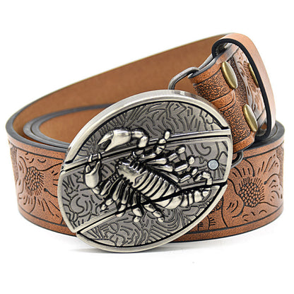 Personality Student Trendy Printing Engraving Smooth Buckle Knife Embossing Belt Scorpion Brown