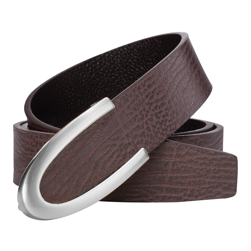 Men's Leather Smooth Buckle First Layer Cowhide Belt Coffee silver buckle