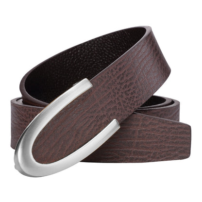 Men's Leather Smooth Buckle First Layer Cowhide Belt Coffee silver buckle