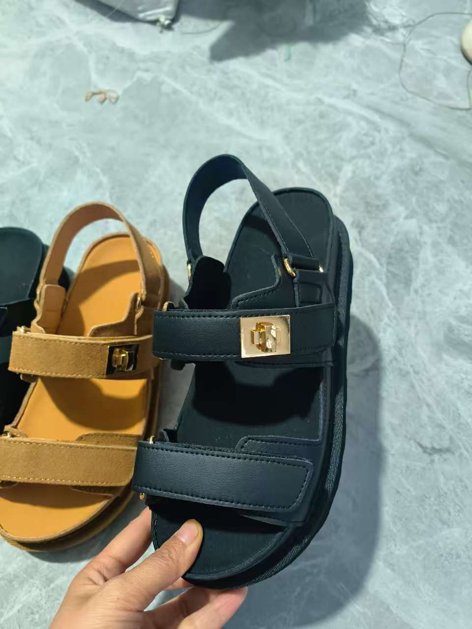 Plus Size Platform Sandals Suede Velcro Outdoor Roman Sandals Women's Shoes Black